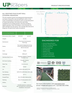 UpScapers Multi-Tone Boxwood - Air Purification Greenery Panel Specification Sheet