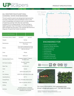 UpScapers White Star Boxwood - Air Purification Greenery Panel Specification Sheet